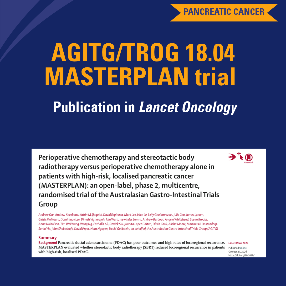 , MASTERPLAN trial shows benefit from SBRT in pancreatic cancer, TROG Cancer Research